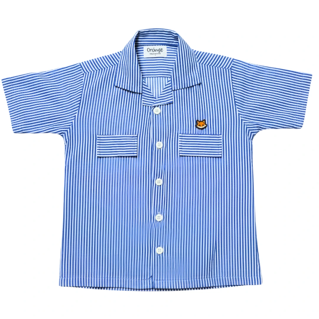 The River Run Cuban collar shirt by Orange, showing the classic blue and white stripes - pure cotton boys clothing.