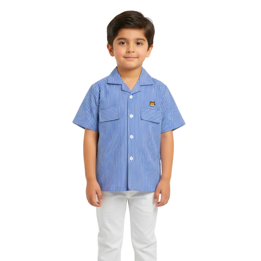The River Run boys striped cuban collar shirt in blue and white.