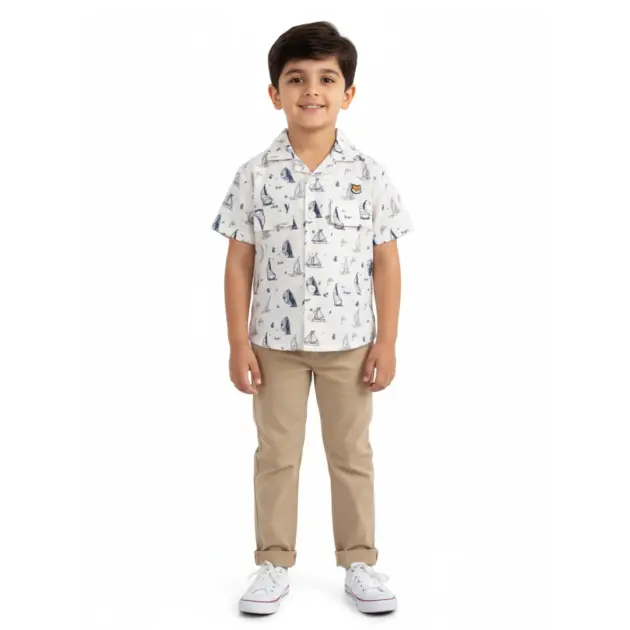 The Explorer nautical print white cuban collar shirt for boys.