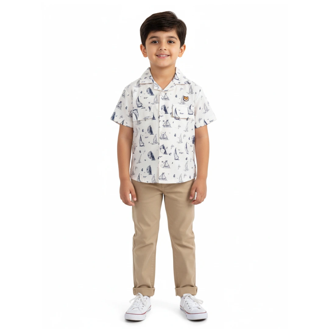 The Explorer nautical print white cuban collar shirt for boys.
