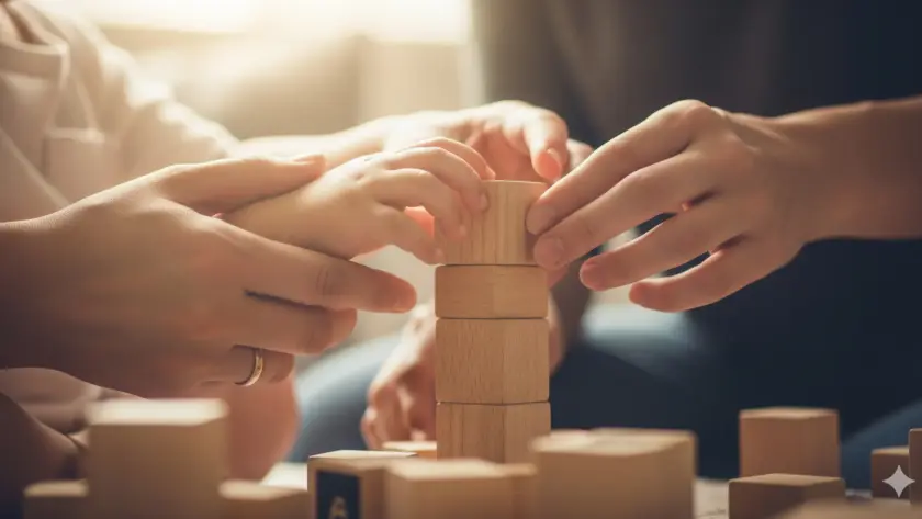 image showing parents making their toddler learn about blocks and puzzles