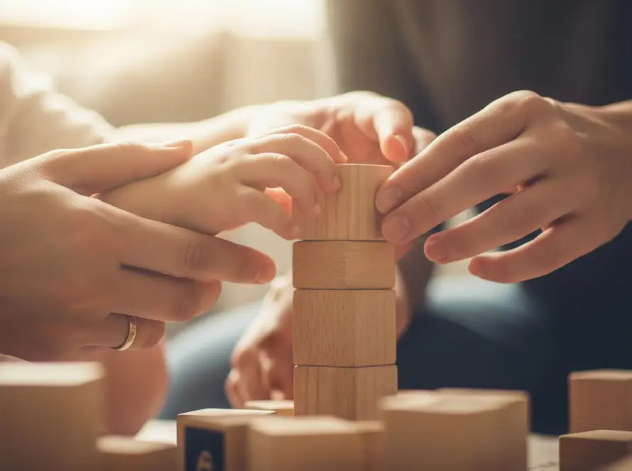 image showing parents making their toddler learn about blocks and puzzles