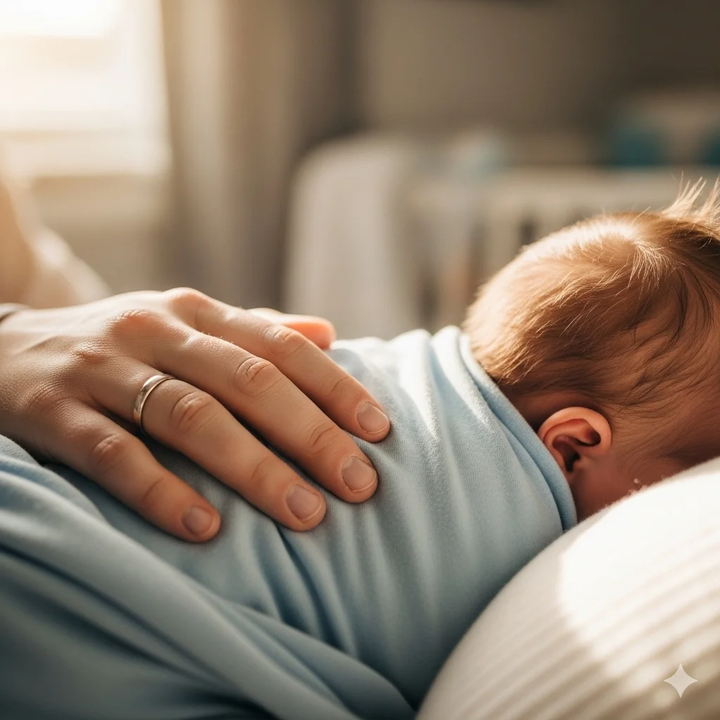 A parent's hand gently resting on their sleeping baby's back, conveying safety and care.