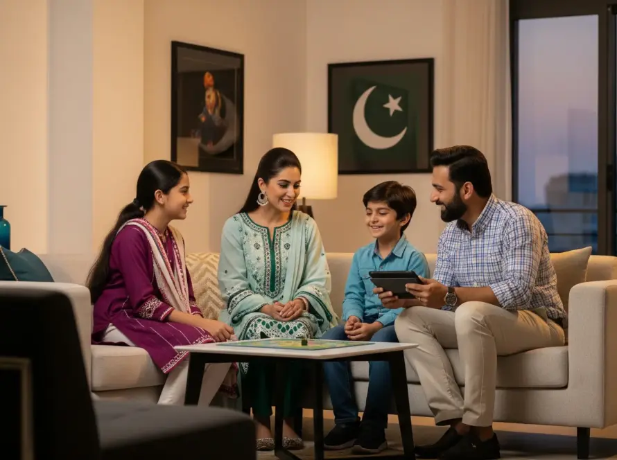 Image of a family having parents and kids having healthy conversation about parenting