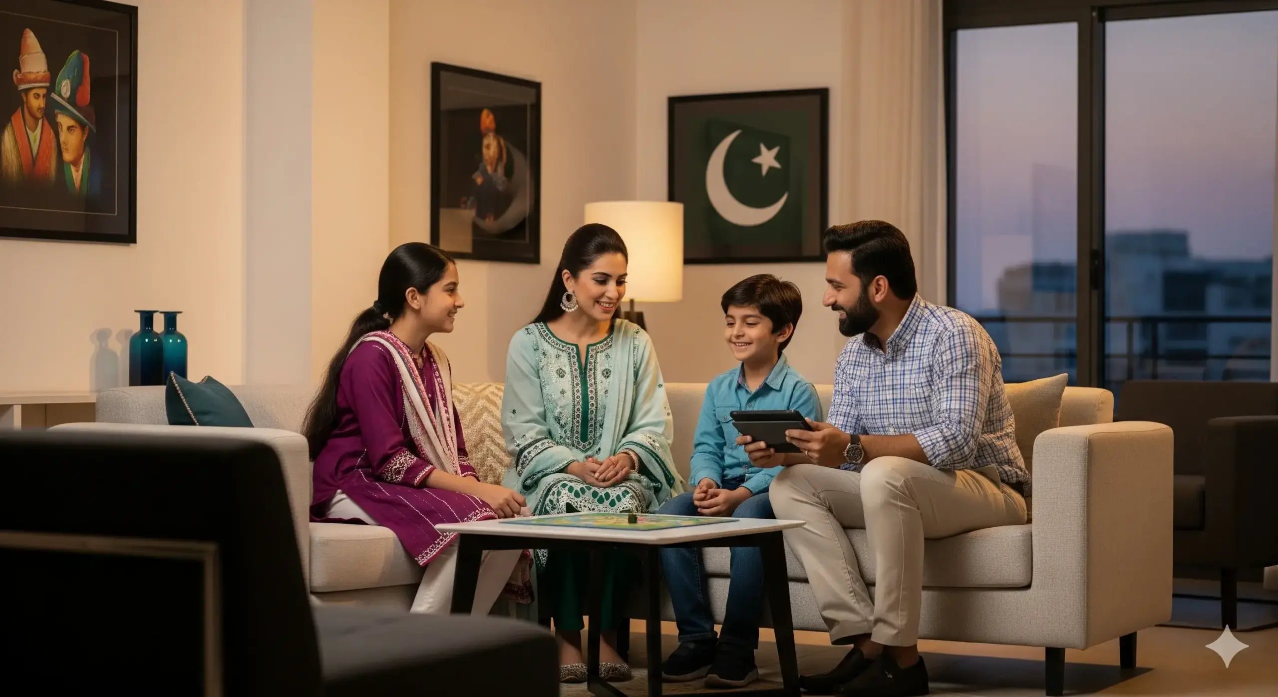 Image of a family having parents and kids having healthy conversation about parenting