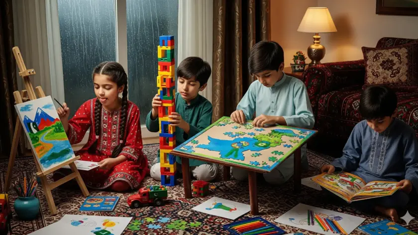 image of kids sittiing in their room playing indoor games and enjoying the rainy day
