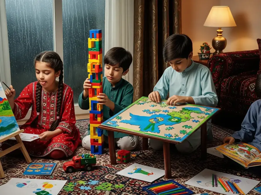 image of kids sittiing in their room playing indoor games and enjoying the rainy day