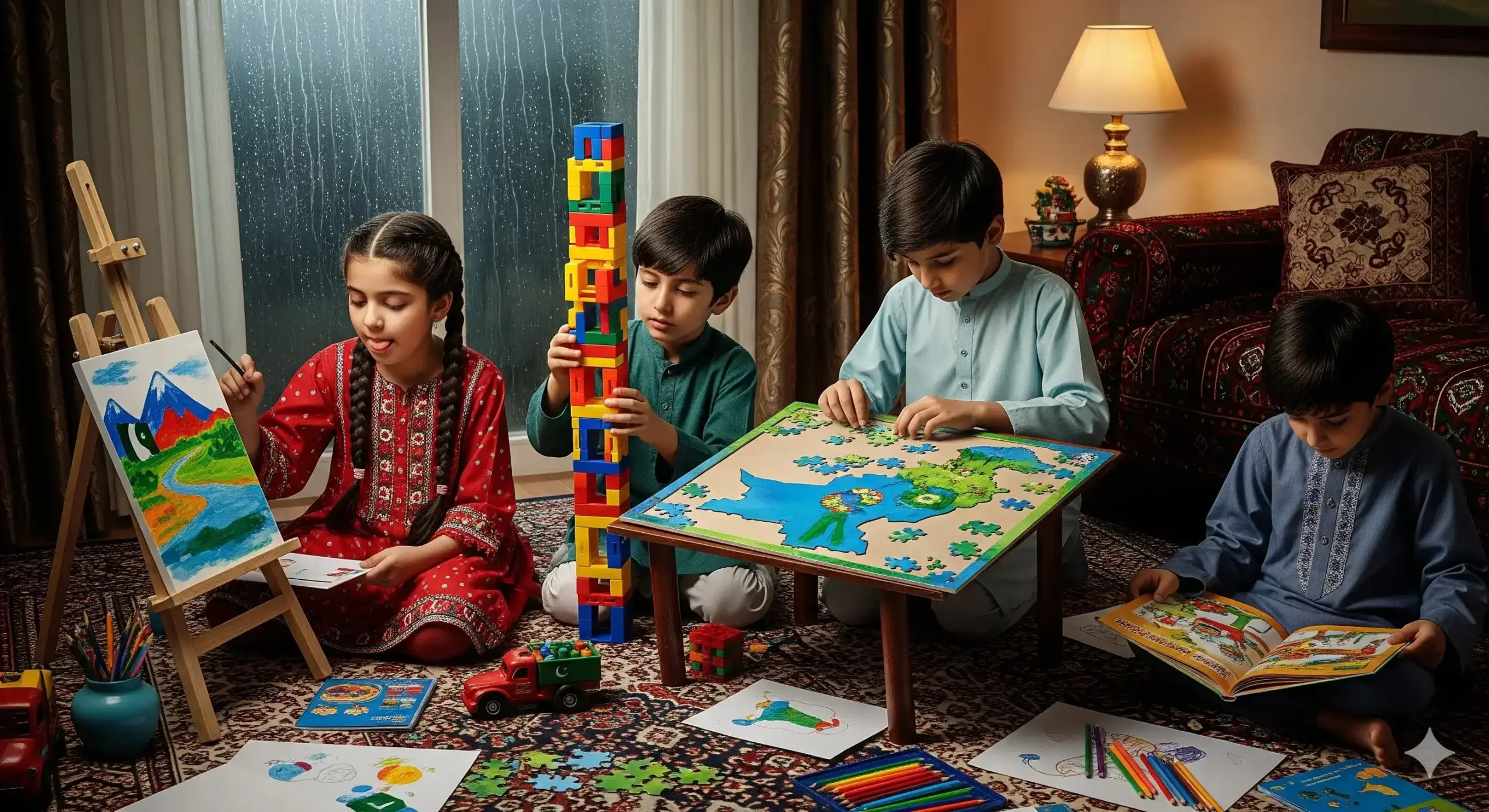 image of kids sittiing in their room playing indoor games and enjoying the rainy day