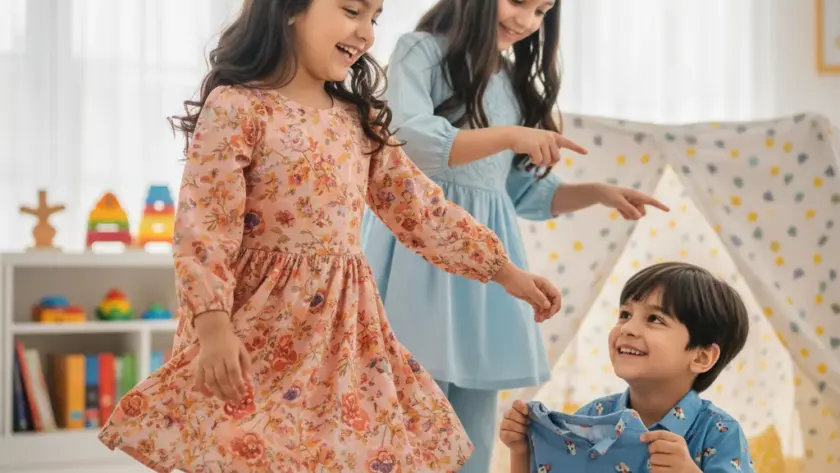 Three happy children playing with kids clothing in Pakistan, with girls wearing dresses and a boy holding a shirt in a bright room.