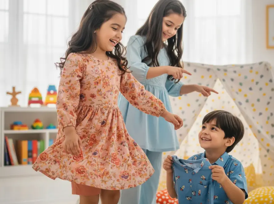 Three happy children playing with kids clothing in Pakistan, with girls wearing dresses and a boy holding a shirt in a bright room.