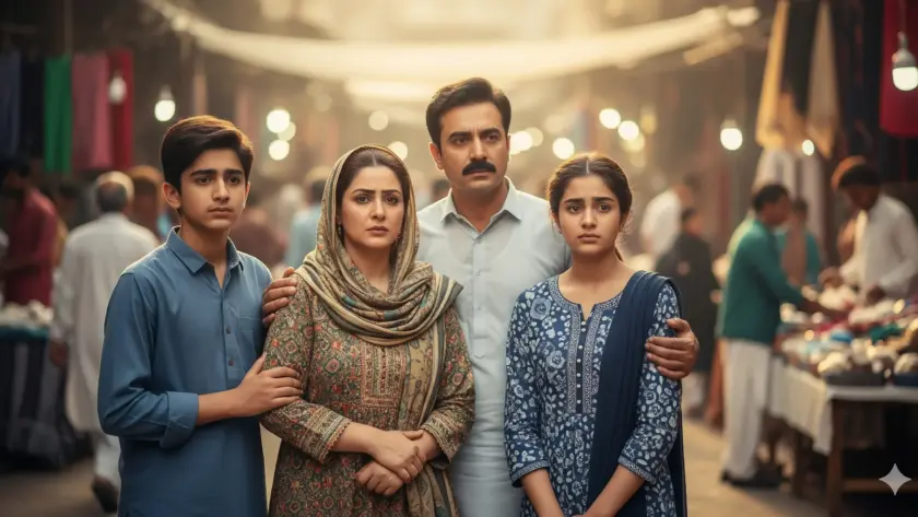 picture of a family in a market looking worried about shaming by people