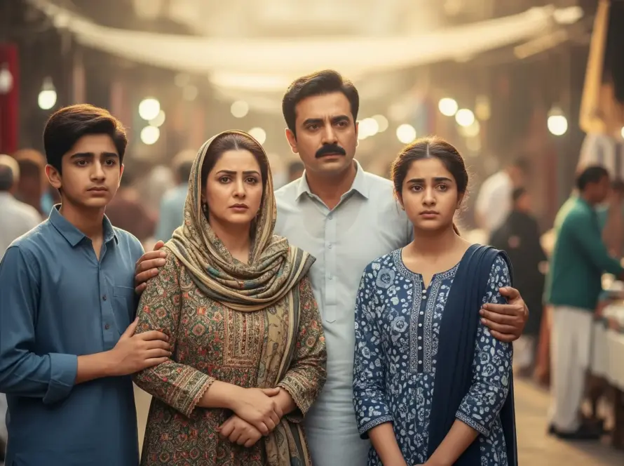 picture of a family in a market looking worried about shaming by people