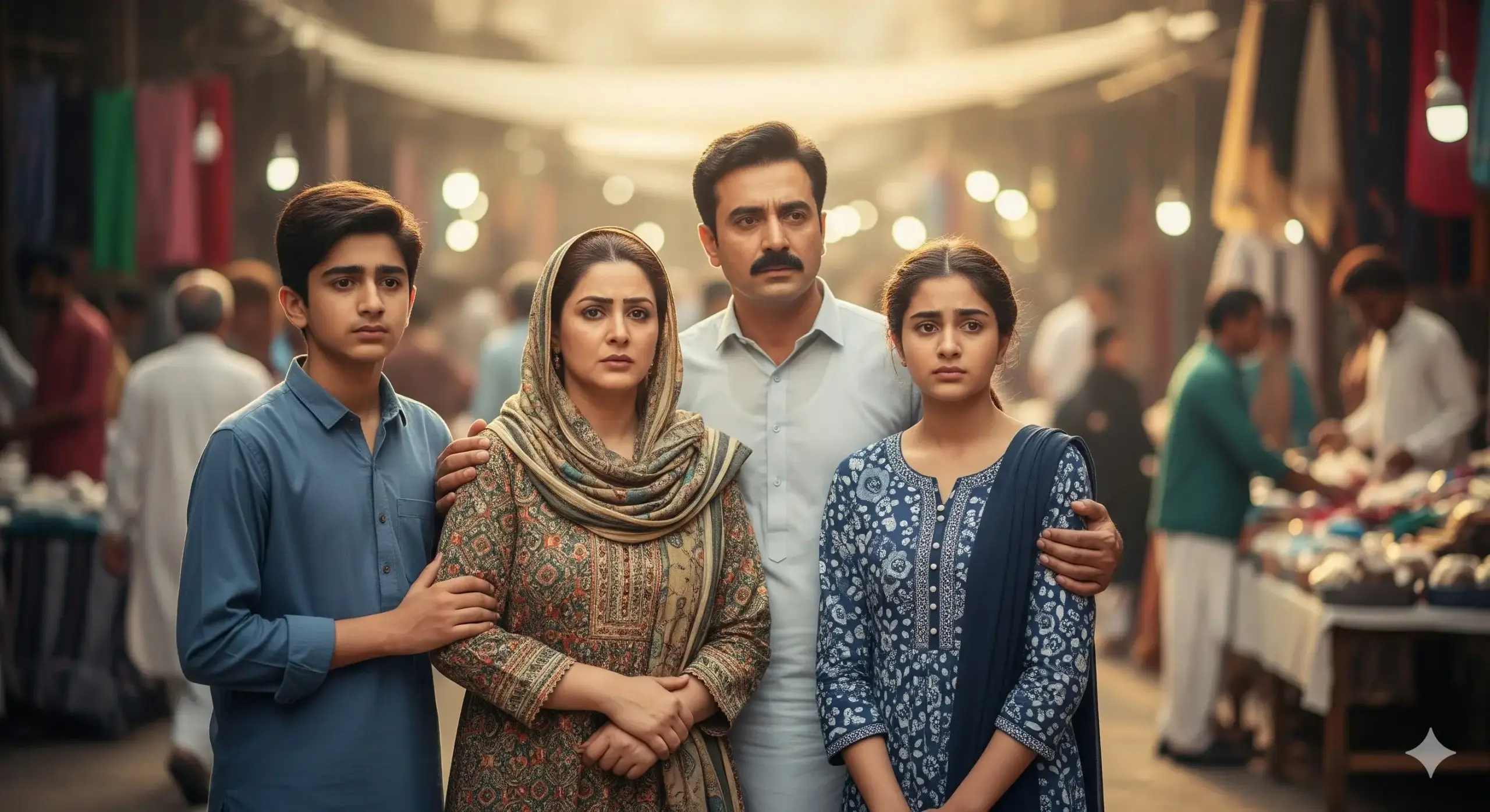 picture of a family in a market looking worried about shaming by people